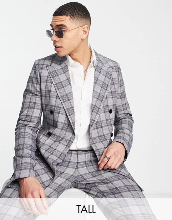 Tall boxy fit double breasted gray check suit jacket