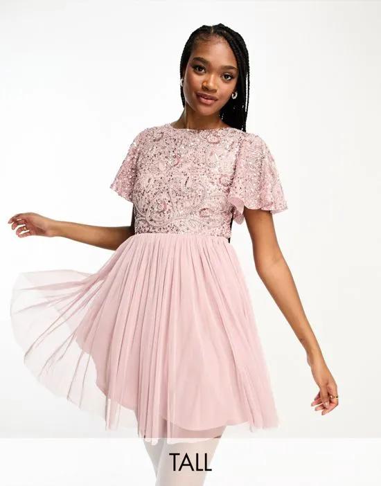 Tall Bridesmaid embellished mini dress with open back detail in frosted pink