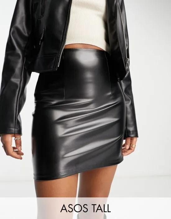 Tall leather look seamed super mini skirt in black