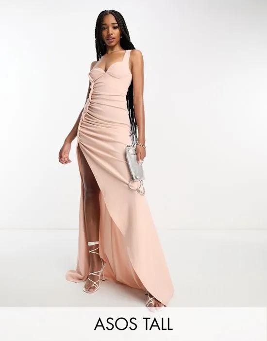 Tall premium one shoulder button maxi dress in blush