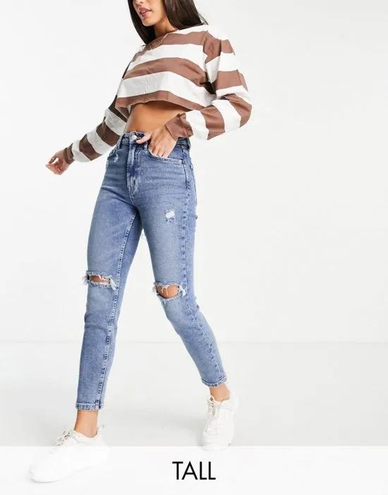 Tall slim mom jeans with stretch and rip in authentic blue