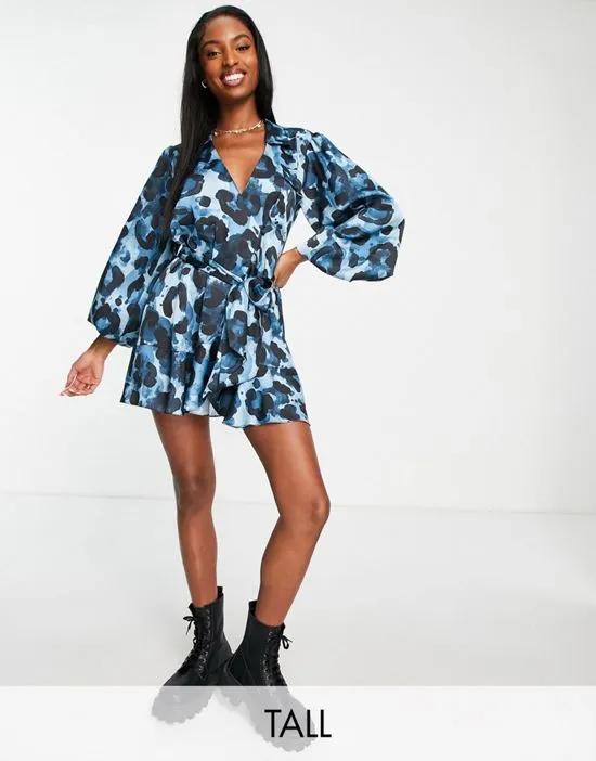 Tall smudge floral mini shirt dress in blue