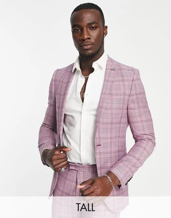 Tall suchet skinny fit suit jacket in tonal purple plaid