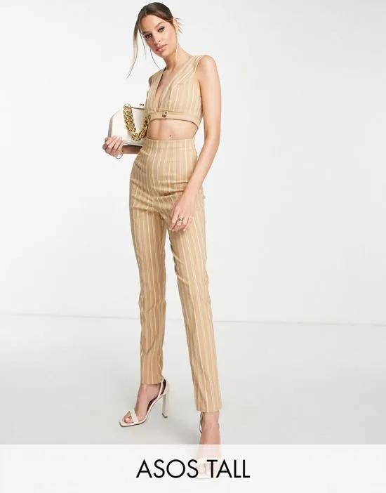 Tall tailored jumpsuit in camel pinstripe - part of a set