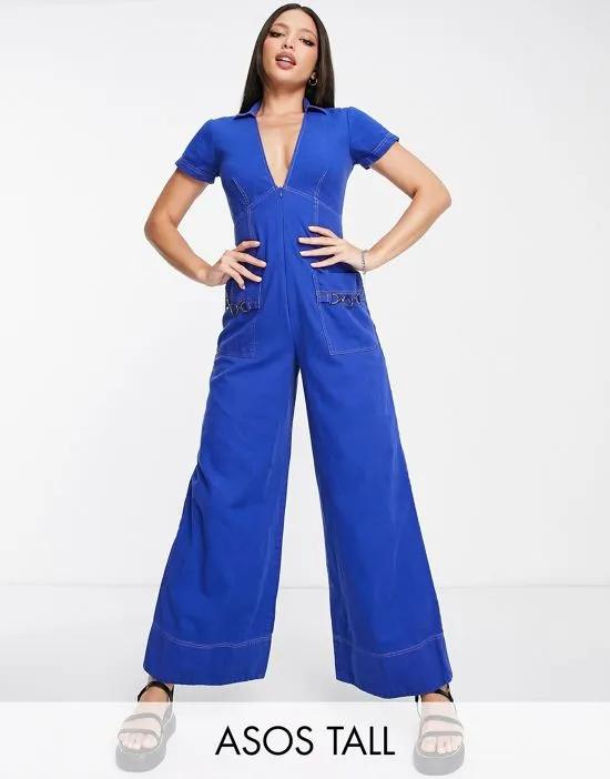 Tall twill collar jumpsuit with wide leg in blue