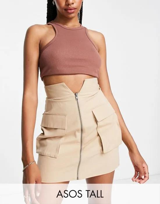 Tall zip through utility mini skirt in stone