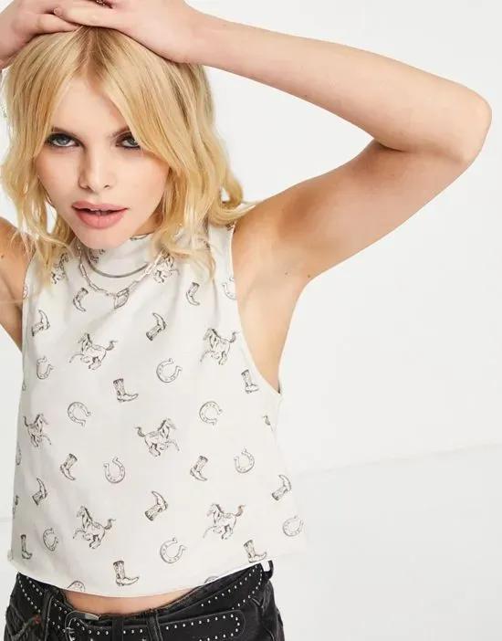 tank top top in all over cowboy graphic print in neutral