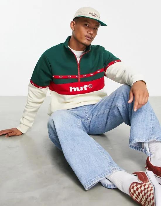 taped 1/4 zip sweatshirt in off white and green