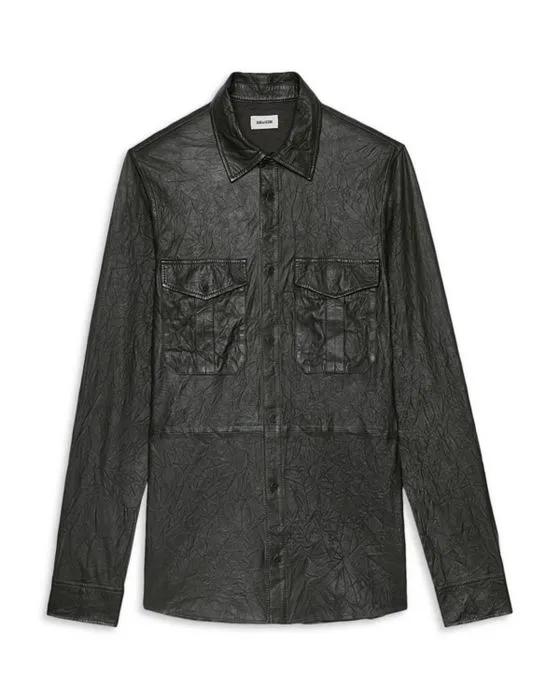 Taskah Leather Crinkled Button Down Shirt 