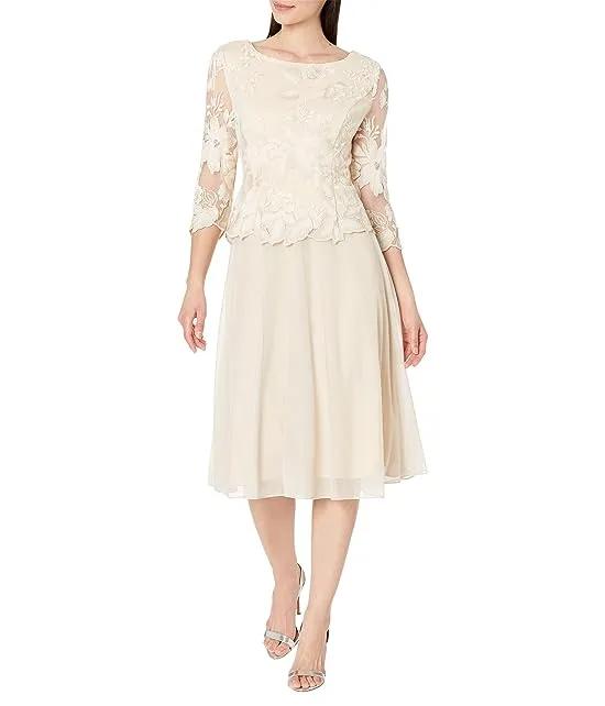 Tea Length Embroidered Dress with Illusion Sleeve and Scallop Detail Full Skirt