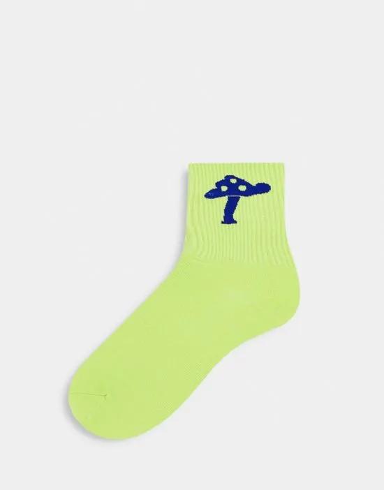 tennis socks with embroidered mushroom in lime