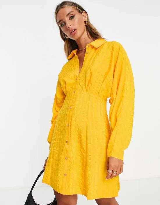 texture stripe volume sleeve mini shirt dress in yellow
