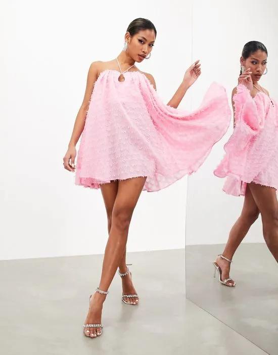 textured bandeau trapeze mini dress in bubblegum pink
