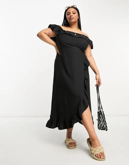 textured bardot frill midi dress in black