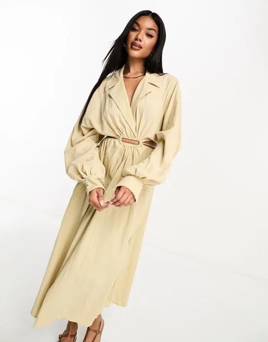 textured cotton midi shirt dress with cut out detail in natural