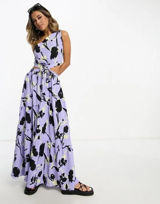 textured crinkle one shoulder maxi dress with cut out detail in purple floral