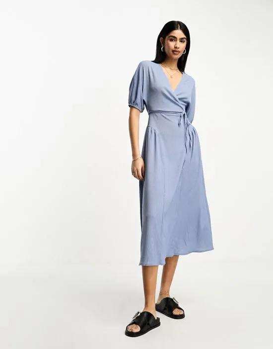 textured crinkle wrap midi dress with tie side in blue