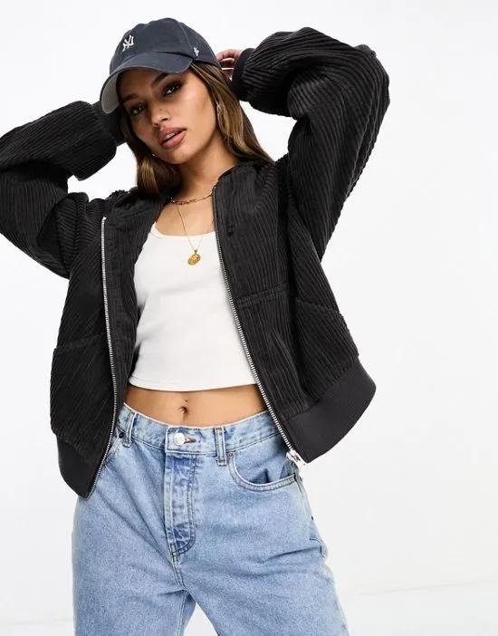 textured cropped bomber jacket with hood in charcoal