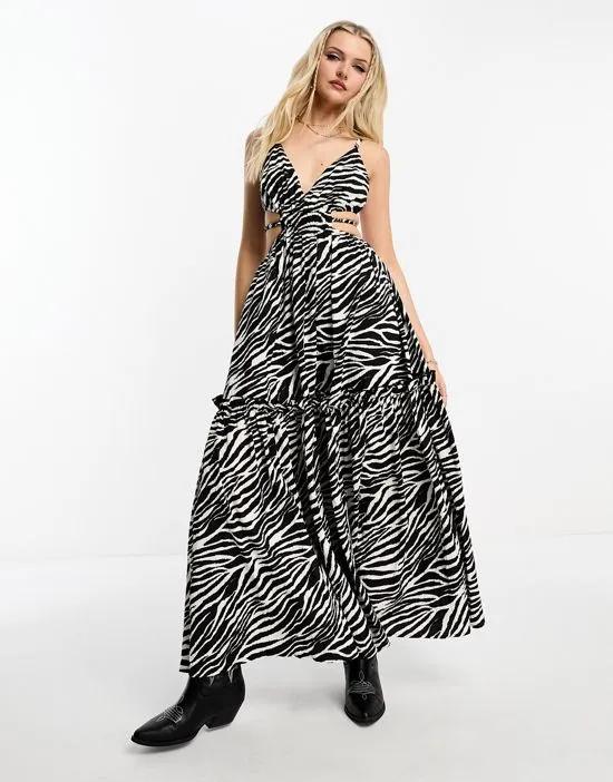 textured festival cut out strappy maxi dress in monochrome zebra