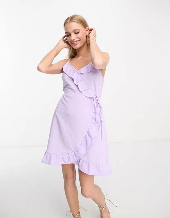 textured frill wrap mini dress in lilac