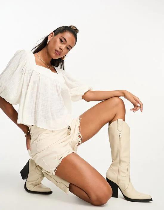 textured gauze square neck top with volume sleeves in white