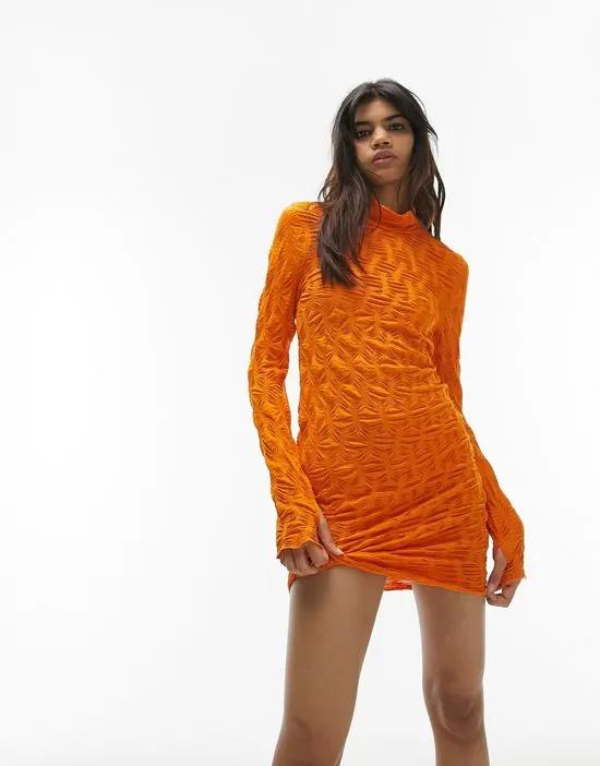 textured jersey long sleeve mini dress in orange