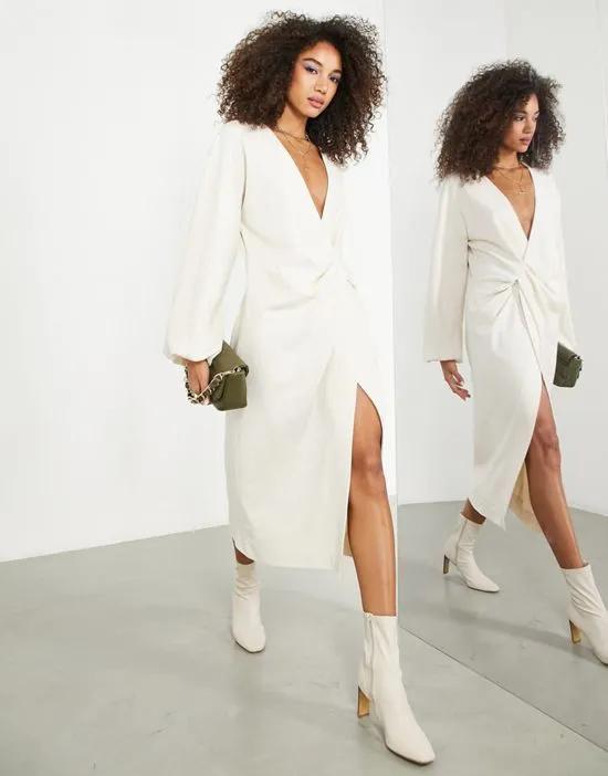 textured jersey slouchy midi dress with drape front in cream