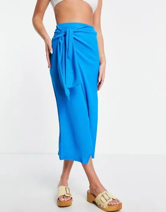textured knot wrap midi skirt in blue