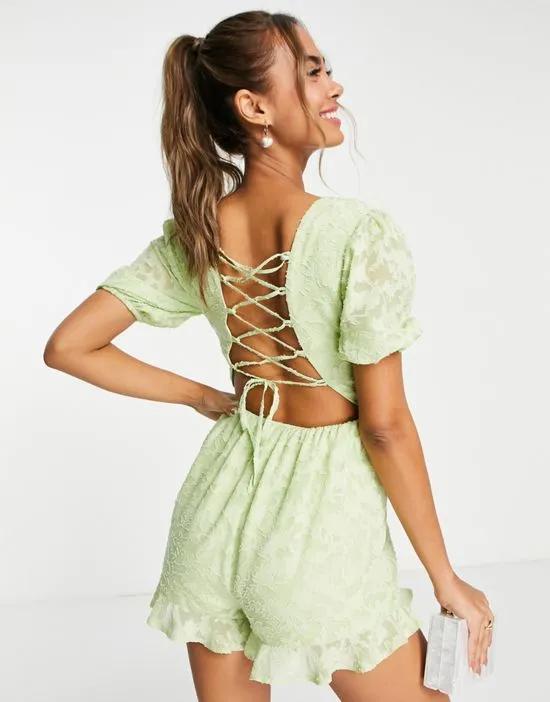 textured lace back wrap romper in sage