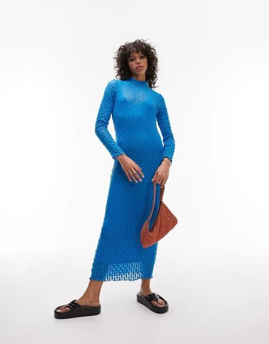 textured long sleeve lace jersey midi dress in blue