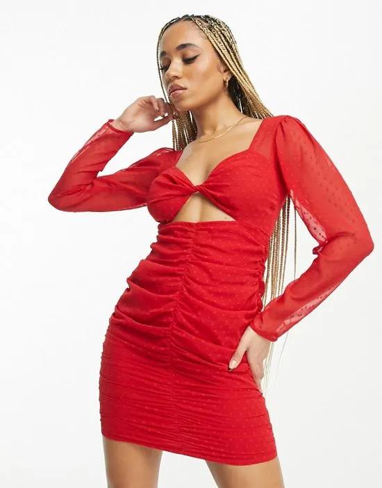 textured mesh ruched mini dress in red