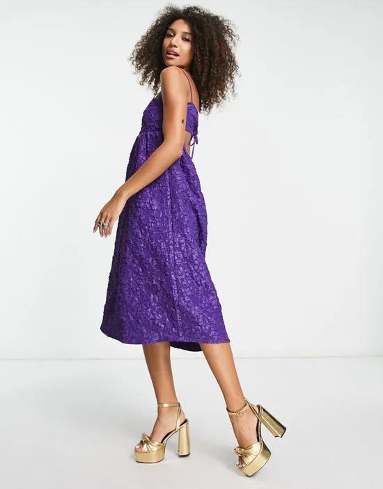 textured midi dress with tie back in purple