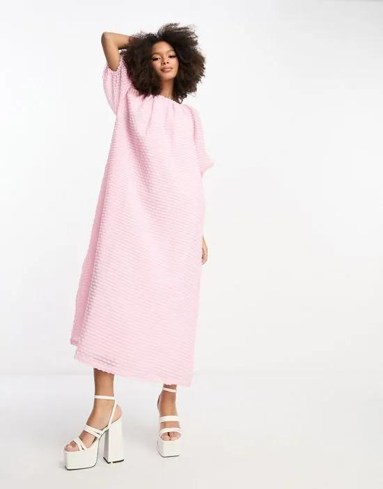 textured midi smock dress with gathered neck in pink