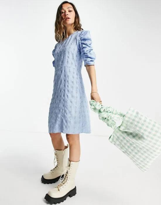 textured mini dress with ruched sleeves in blue check