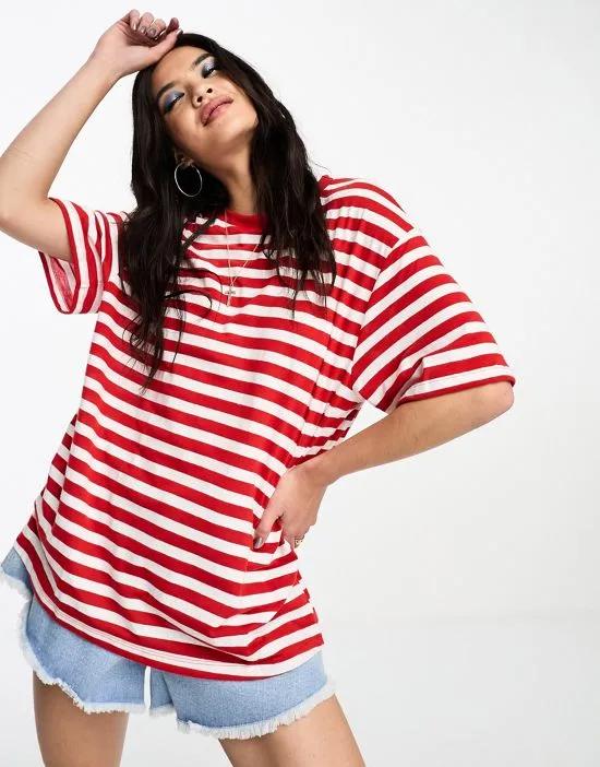 textured oversized T-shirt in red and cream stripe