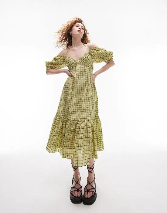 textured plaid bust cup midi dress in lime