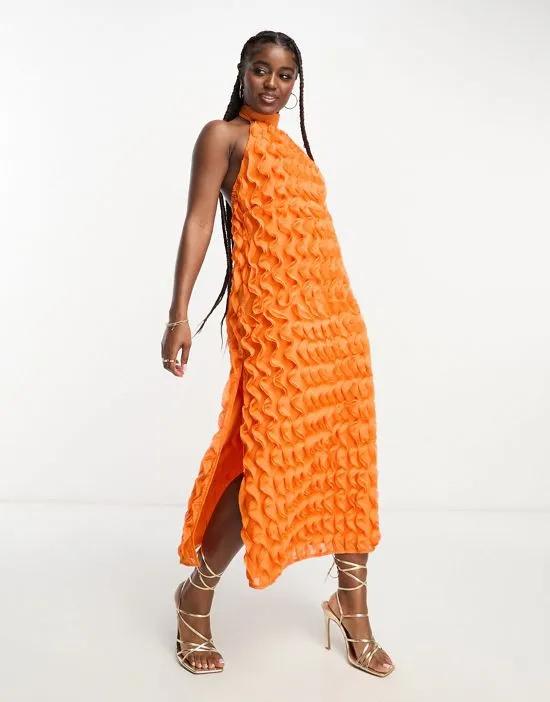 textured ruffle halter maxi dress in orange