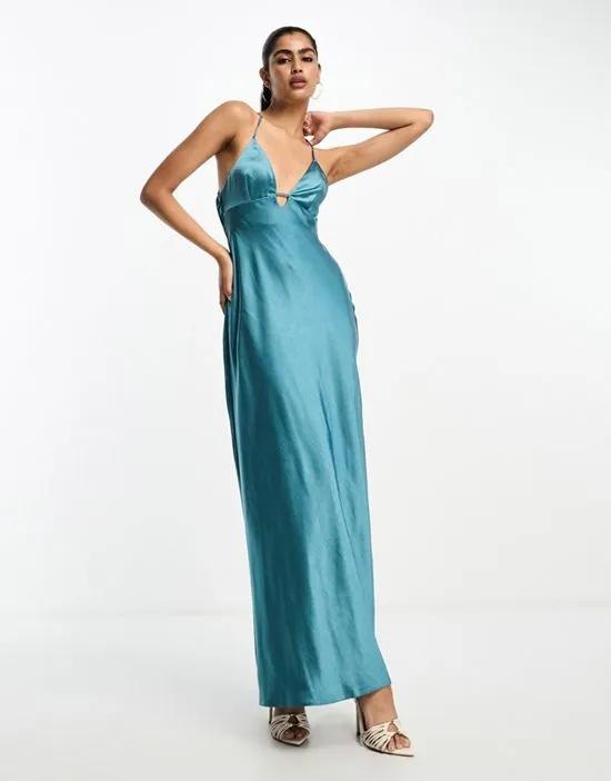 textured satin cami maxi slip dress with bar detail in steel blue