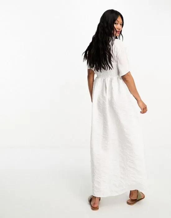 textured shirred maxi smock dress in white