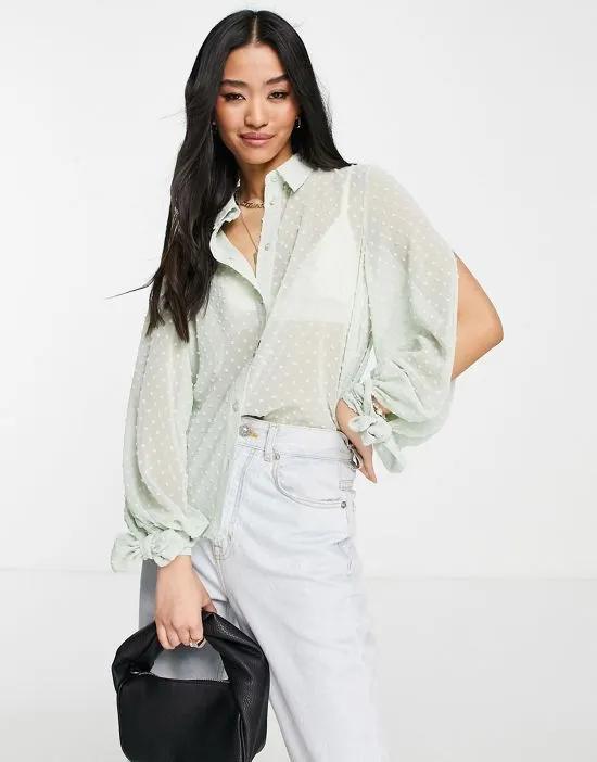 textured shirt with slit volume sleeves in sage green