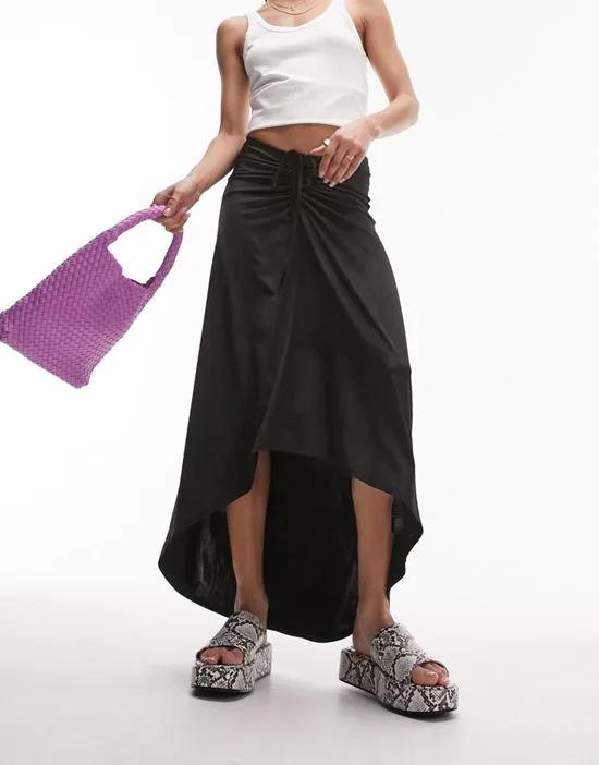 textured slinky ruched front jersey midi skirt in black