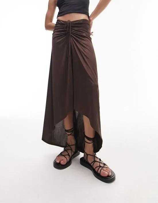 textured slinky ruched front jersey midi skirt in chocolate