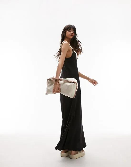 textured slip dress with beaded straps in black