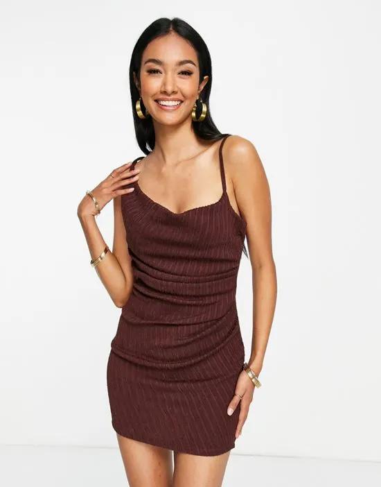 textured strappy drapey mini dress in chocolate brown