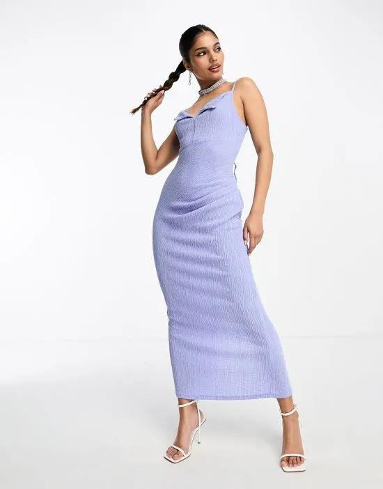 textured strappy midi dress with fold over bust in cornflower blue