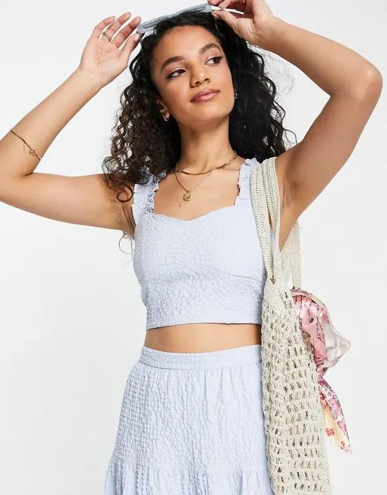 textured tie back crop top in light blue - part of a set