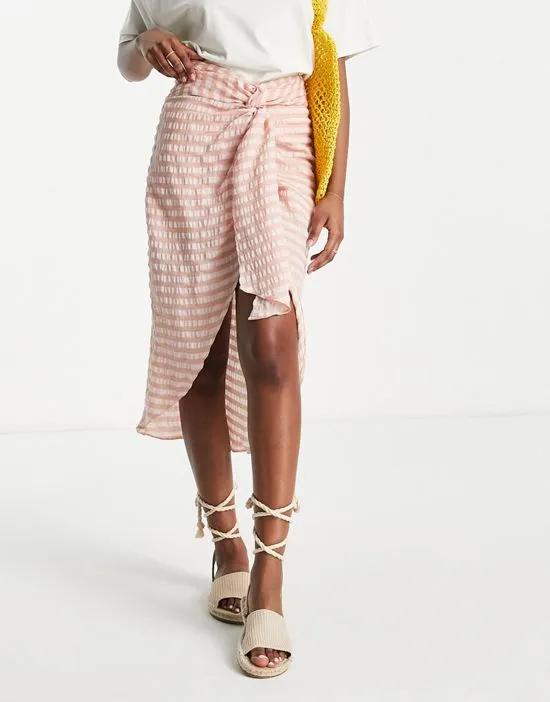 textured twist front midi skirt in natural stripe