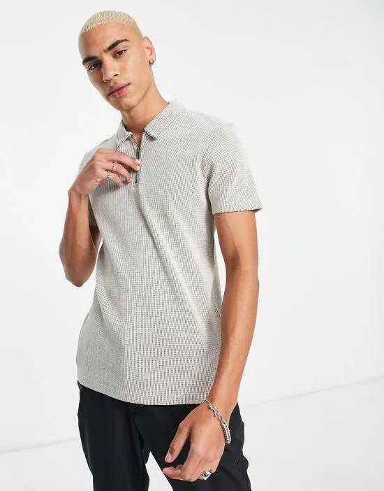 textured waffle polo with zip detail in beige