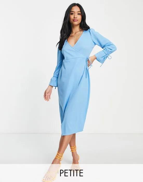 textured wrap midi dress in blue