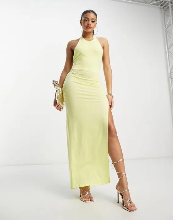 The Label halterneck maxi dress with front split in yellow